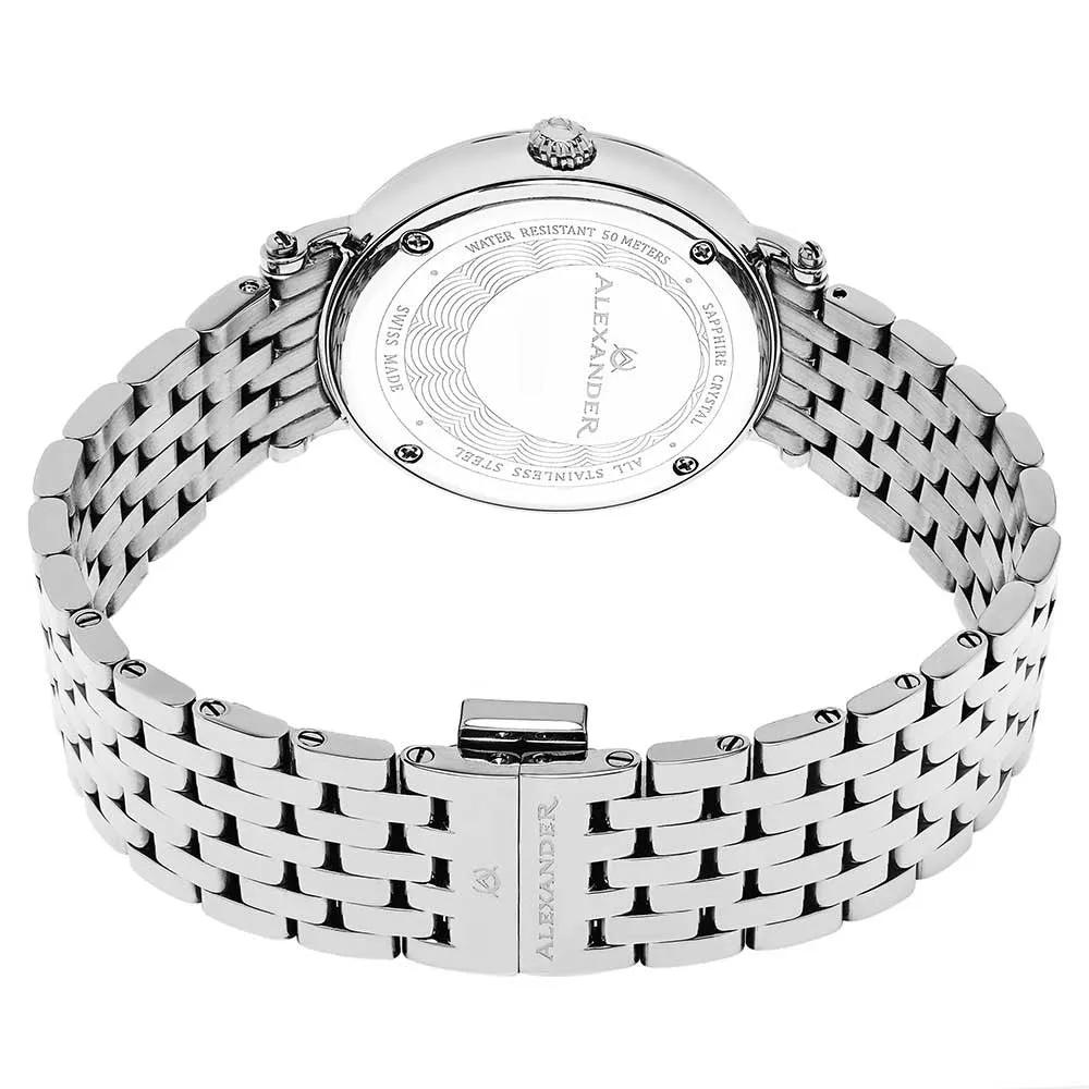 Alexander Ladies Quartz Small-second Watch with Stainless Steel Case on Stainless Steel Bracelet, White Mother-of-Pearl Dial