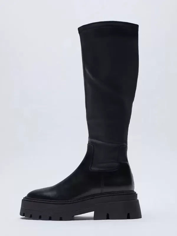 Black Mid Calf Boots For Women Platform Zip Up Elastic Boots