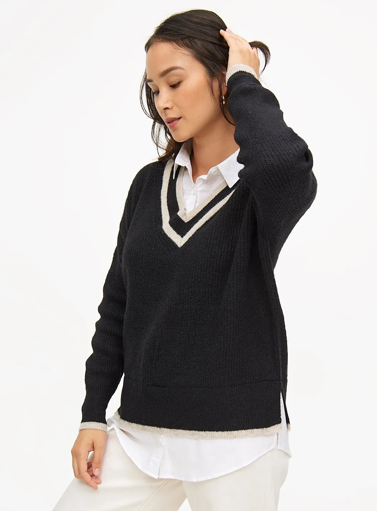 Buy Black Stripe V Neck Shirt Collar Jumper  24 | Jumpers | Tu