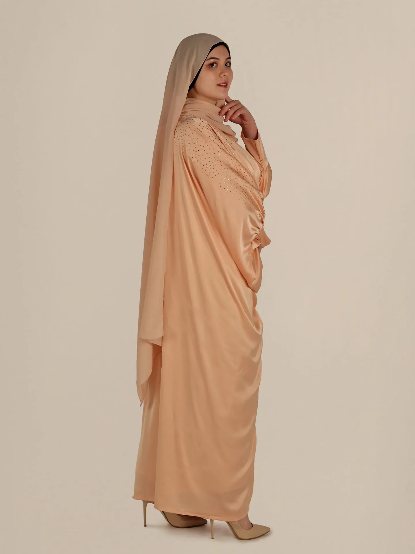 Champagne Satin Batwing Abaya Dress