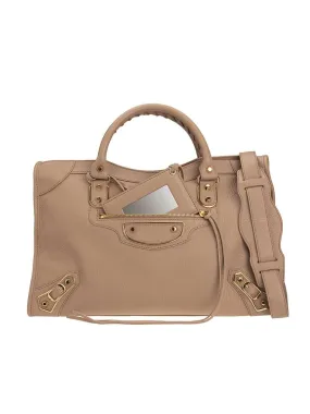 Classic Metallic Edge City Medium Nude Beige Leather Tote