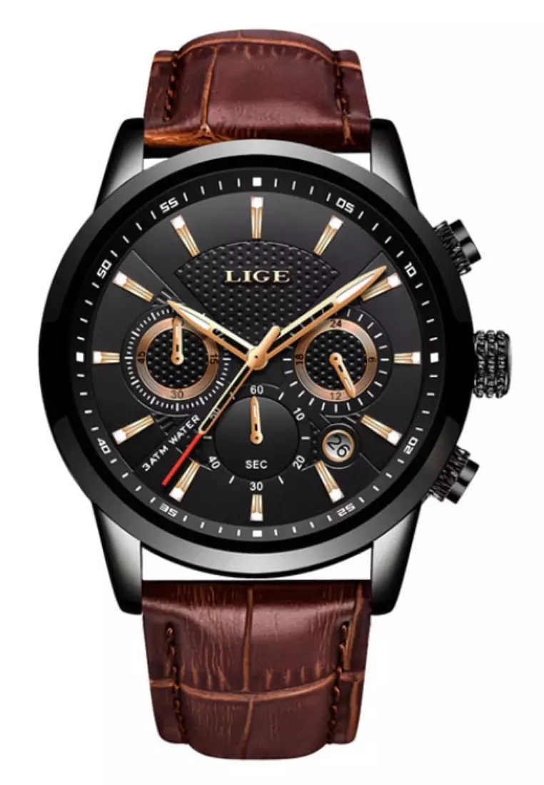LIGE LIGE Chronograph Unisex IP Black Stainless Steel Quartz Watch 43mm, black dial, on Brown Leather Strap