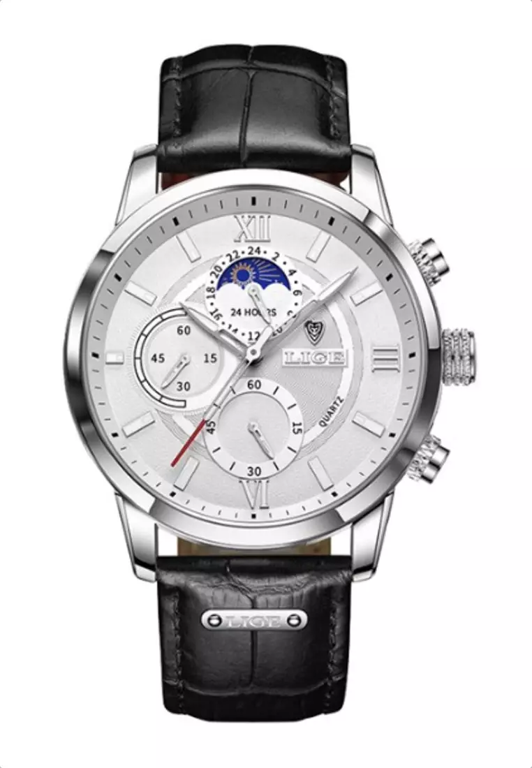 LIGE LIGE Chronograph, Unisex, Stainless Steel Quartz Watch 43mm, white dial, on Black Leather Strap