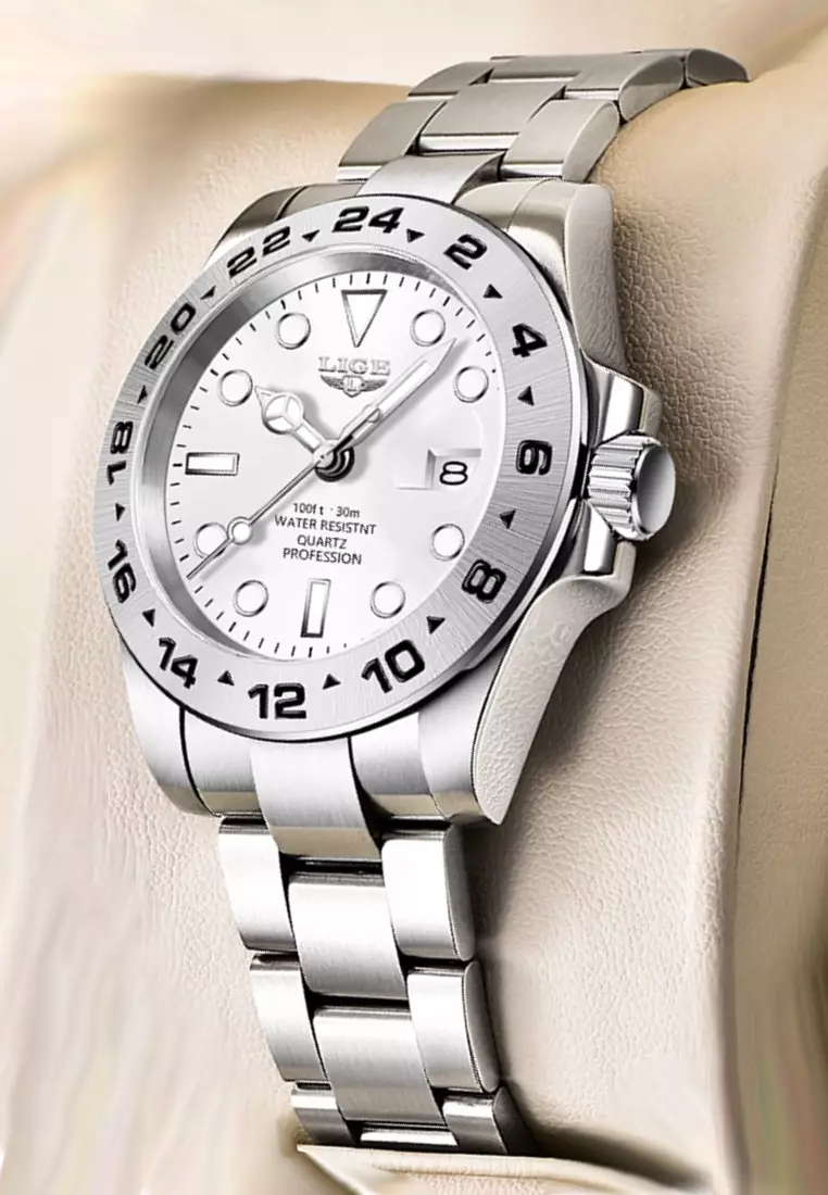 LIGE LIGE Unisex Stainless Steel Quartz Watch, White dial on Steel Bracelet