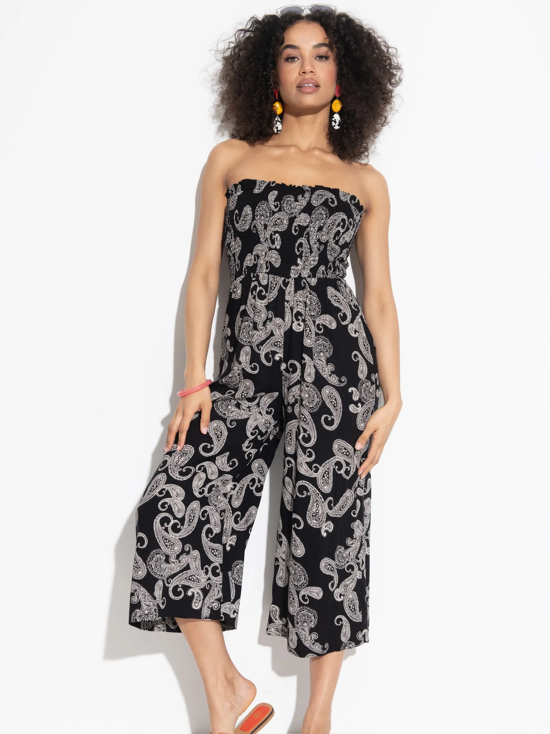 Pour Moi Black Strapless Shirred Bodice Crop Leg Beach Jumpsuit