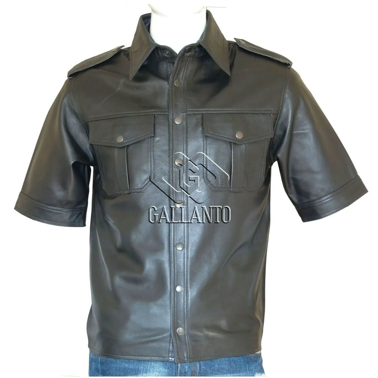 Short Half Sleeve Biker Motorcycle Black Leather Shirt